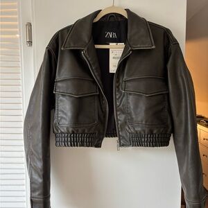 Zara Dark Leather Cropped Jacket - Never Worn